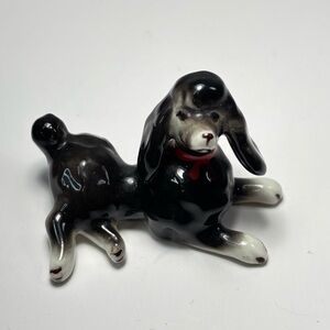 Vintage Miniature Poodle Bone China Dog Figure Glazed 2" Dark gray white red bow
